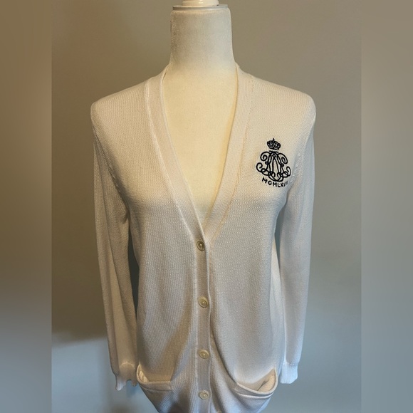 Ralph Lauren Sport Knit Cardigan Sweater White with Navy Monogram size M - Picture 2 of 11